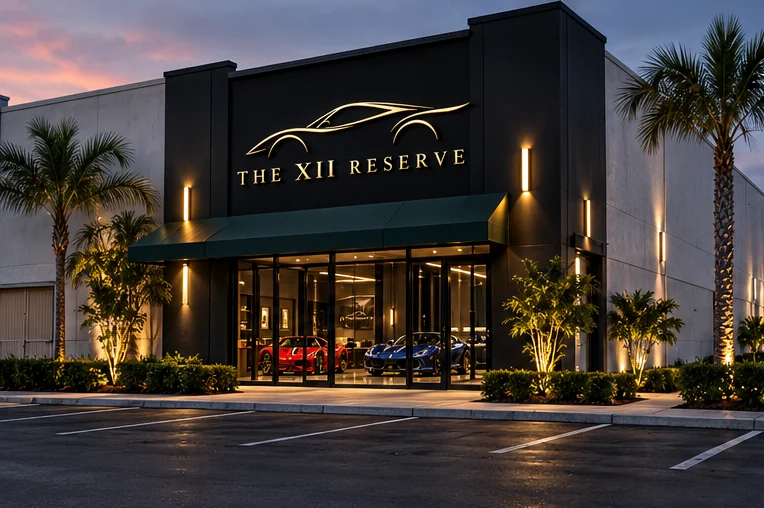 Conceptual exterior rendering of The XII Reserve private showroom in Naples, Florida