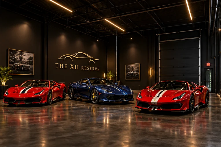 Conceptual collector car gallery inside The XII Reserve Naples showroom